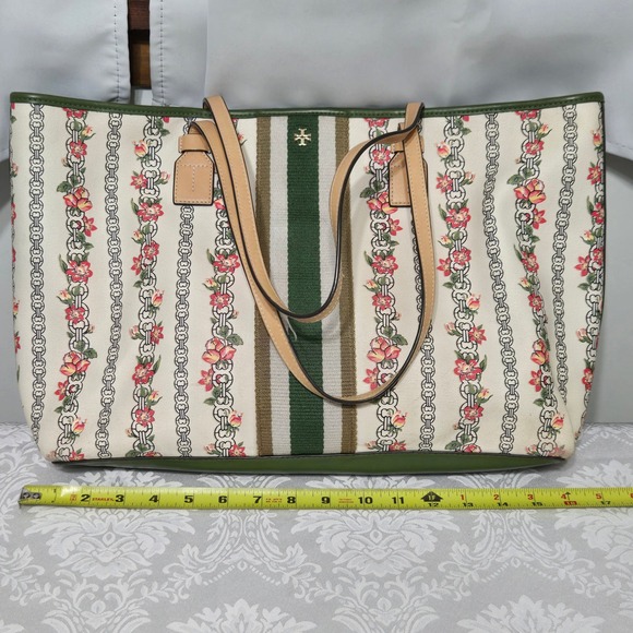 Tory Burch Ella Printed Canvas Tote Bag Floral Green Leather Straps - Picture 10 of 12